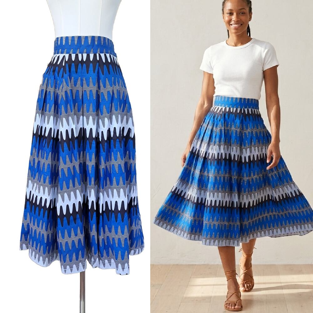FRANCIS + BENEDICT Wax Print Pleated Midi Skirt Blue Black Geo Pocket XS